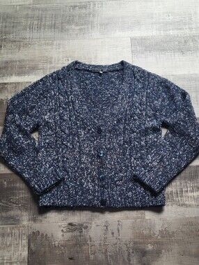 Code One Womens Wool Blend Button Cardigan Sweater Cable Knit V-neck Medium Blue